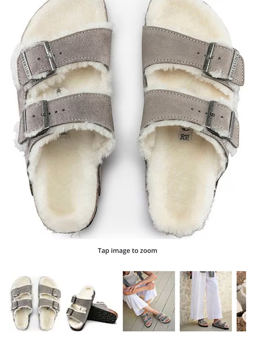 Birkenstock Arizona Shearling-Lined Double Buckle Slide Sandal - Taupe/White